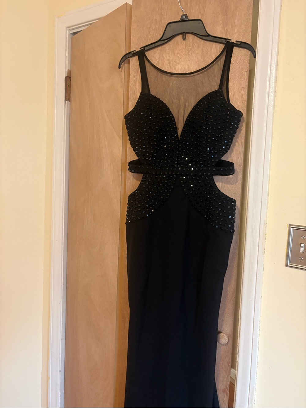 Elegant Black Beaded Sheer Panel Evening Dress
